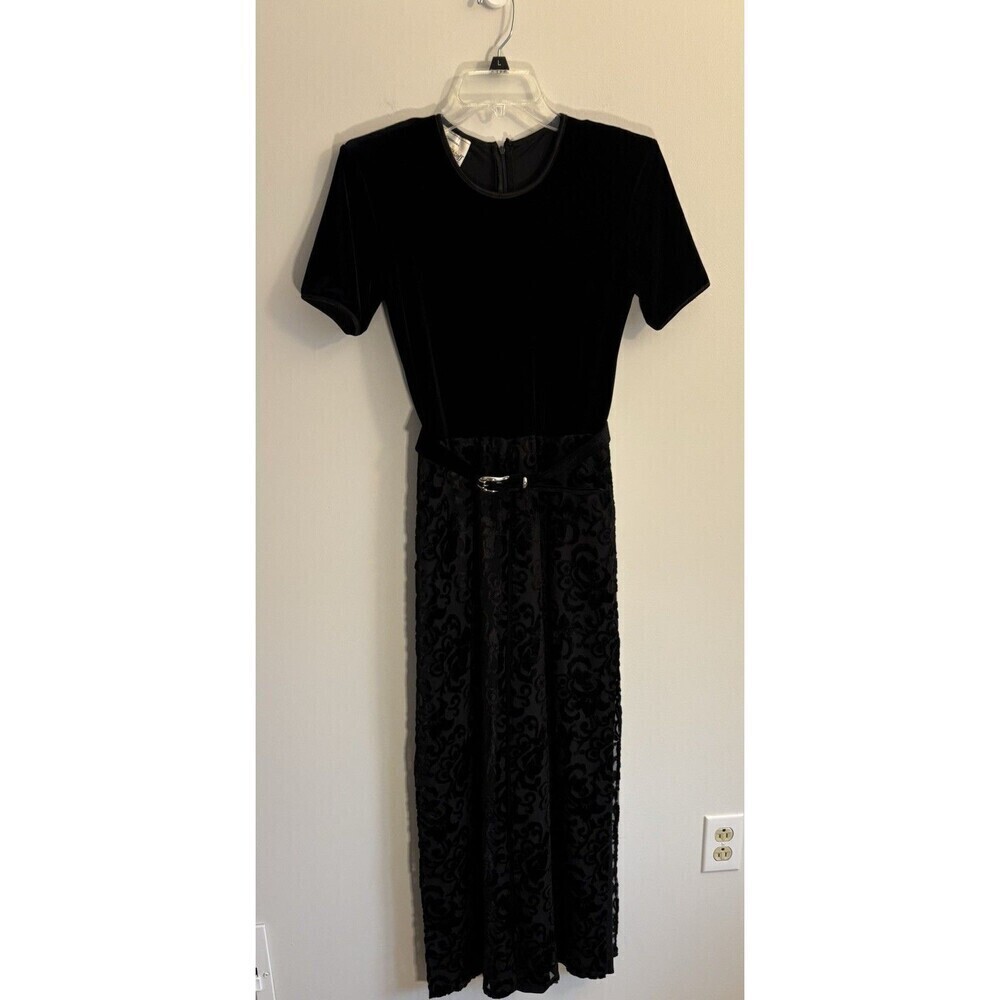 JOSEPH RIBKOFF CREATIONS Vintage Black Velvet Jumpsuit 6 Belted Wide Leg Formal